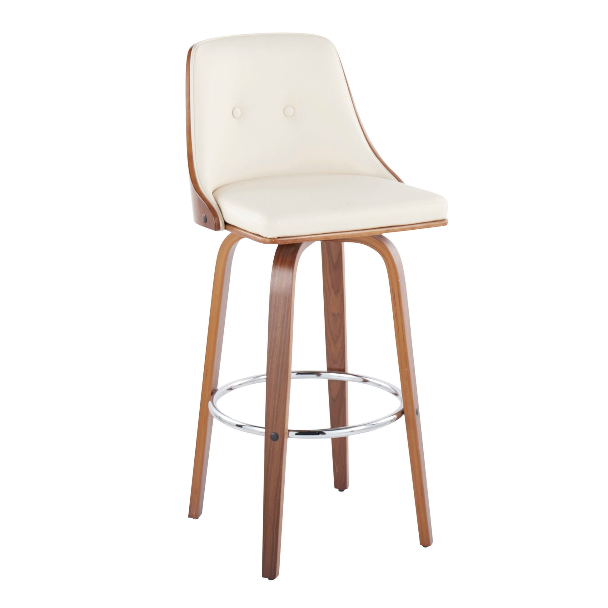 The Gianna Mid Century Modern Barstool (Set of 2) features a light cushioned seat and backrest with two buttons, natural-finish wooden legs, and a round metal footrest. The stool has fixed height and swivel functionality.