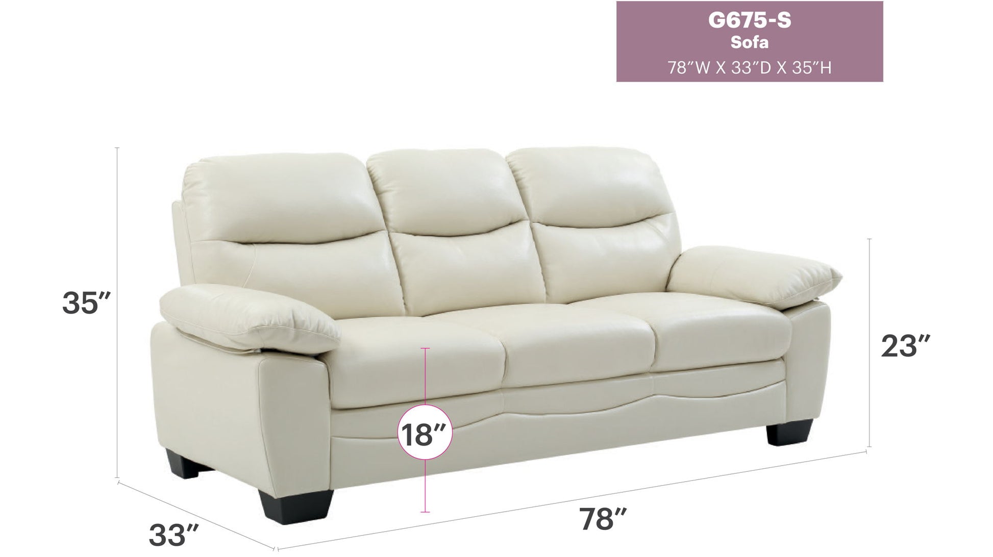 The Marta - Sofa is a cream-colored, three-seat couch with plush cushions and armrests. Dimensions: 78"W x 33"D x 35"H; seat height 18", arm height 23". Model G675-S. Shown on a white background.