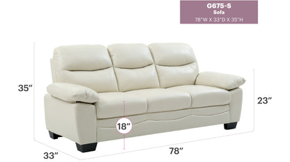 The Marta - Sofa is a cream-colored, three-seat couch with plush cushions and armrests. Dimensions: 78"W x 33"D x 35"H; seat height 18", arm height 23". Model G675-S. Shown on a white background.