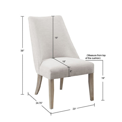 The Comfortable Dining Chair Upholstered (Set of 2) features armless upholstered seats, light wood legs, 38" chair height, 19" seat height and back, 18" seat depth, 23" front width, and 24.75" side depth. Measurements are labeled.