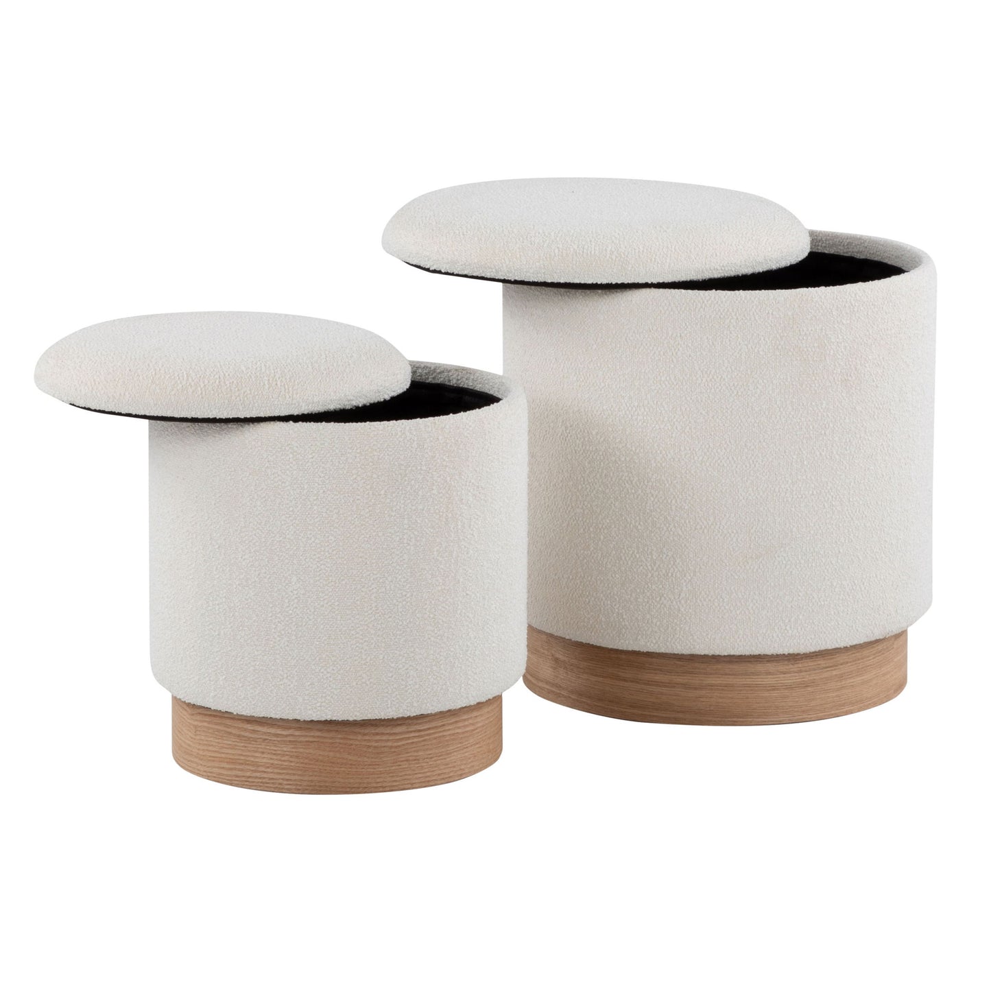 The Marla Contemporary Nesting Ottoman Set in Natural/Cream features two round, white upholstered ottomans with wooden bases and removable lids, shown with lids open to reveal storage. One ottoman is slightly taller for convenient nesting.