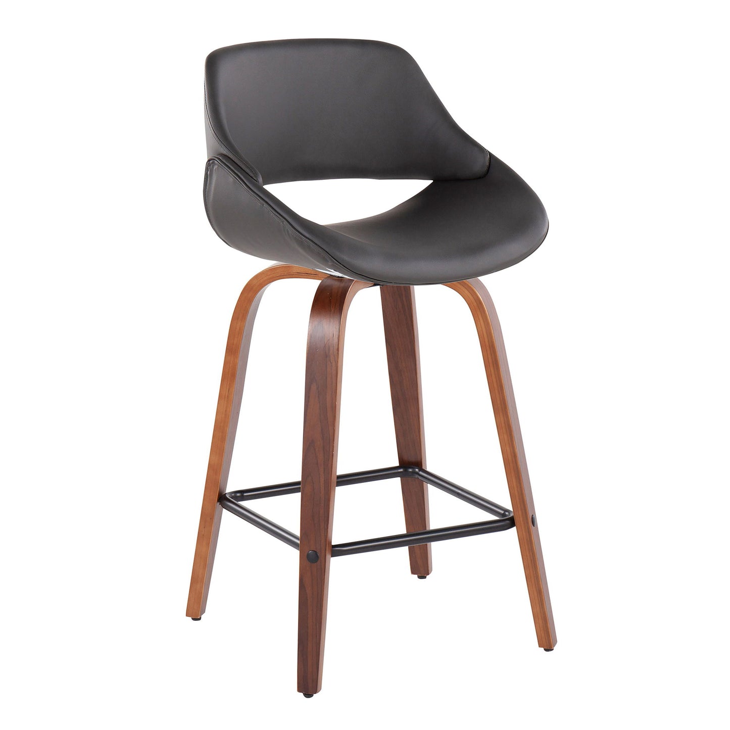 The Fabrico Mid-Century Modern Counter Stool (Set of 2) features a curved black seat, wooden legs, and a metal footrest, displayed against a white background.
