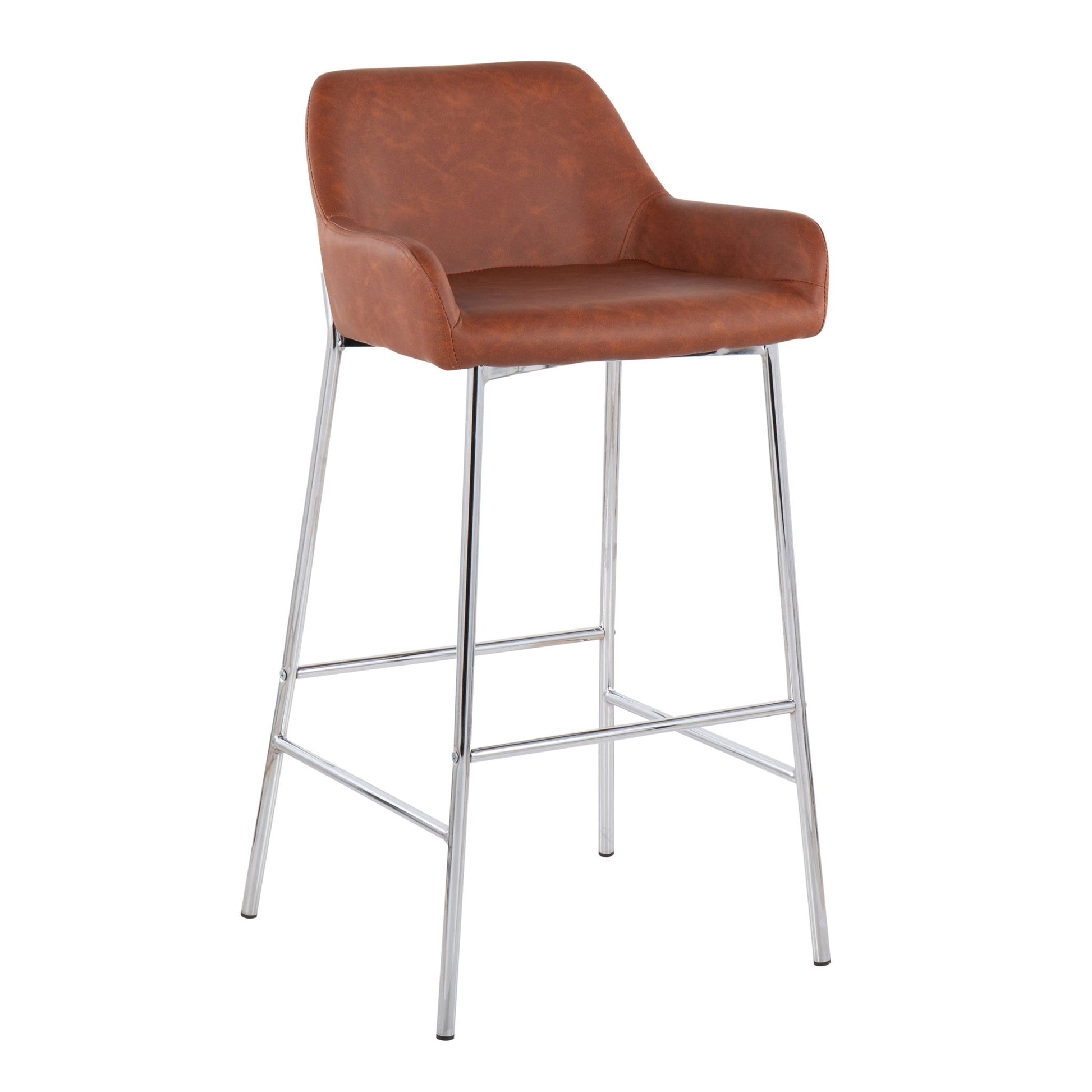 The Daniella Contemporary Fixed Height Bar Stool (Set of 2) features brown faux leather cushions, a low backrest, armrests, and sleek chrome-finished metal legs with a footrest bar.