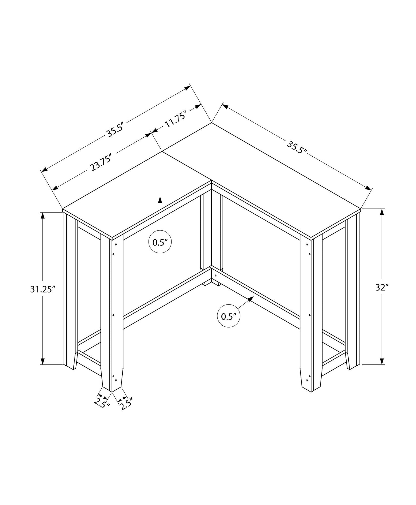 Isometric line drawing of the Corner Accent Console Table for Entryway labeled with dimensions: 35.5" length each side, depths of 23.75" and 11.75", heights of 32" and 31.25", legs are 2.5" wide, frame is 0.5" thick.