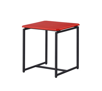 The GT - 3 Piece Carbon Fiber Wrap Coffee Table And End Table set features a modern design with square tables, red tabletops, and minimalist black metal frames.