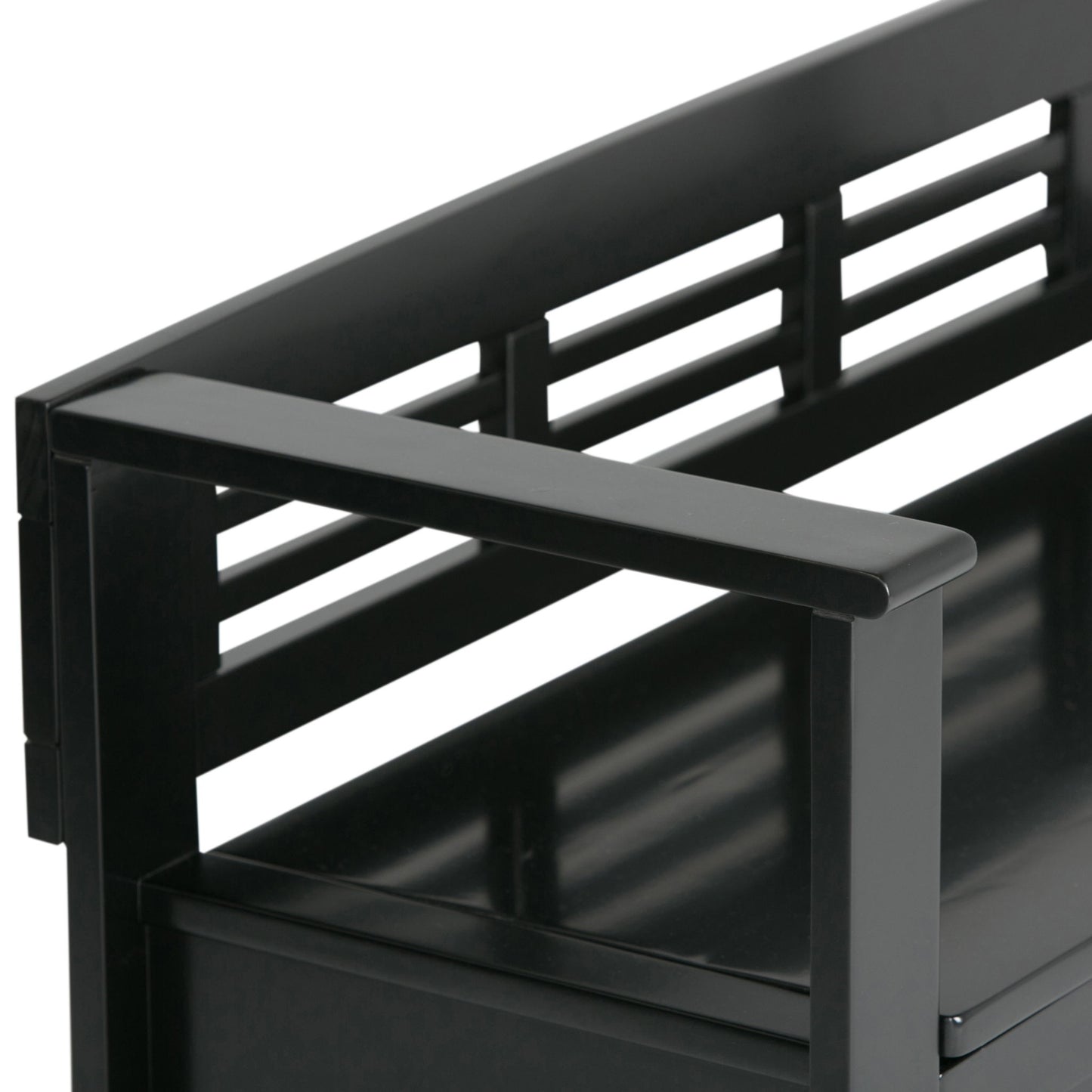 Close-up of the Adams - Entryway Storage Bench Handcrafted, highlighting the black metal armrest and horizontal slatted back design.
