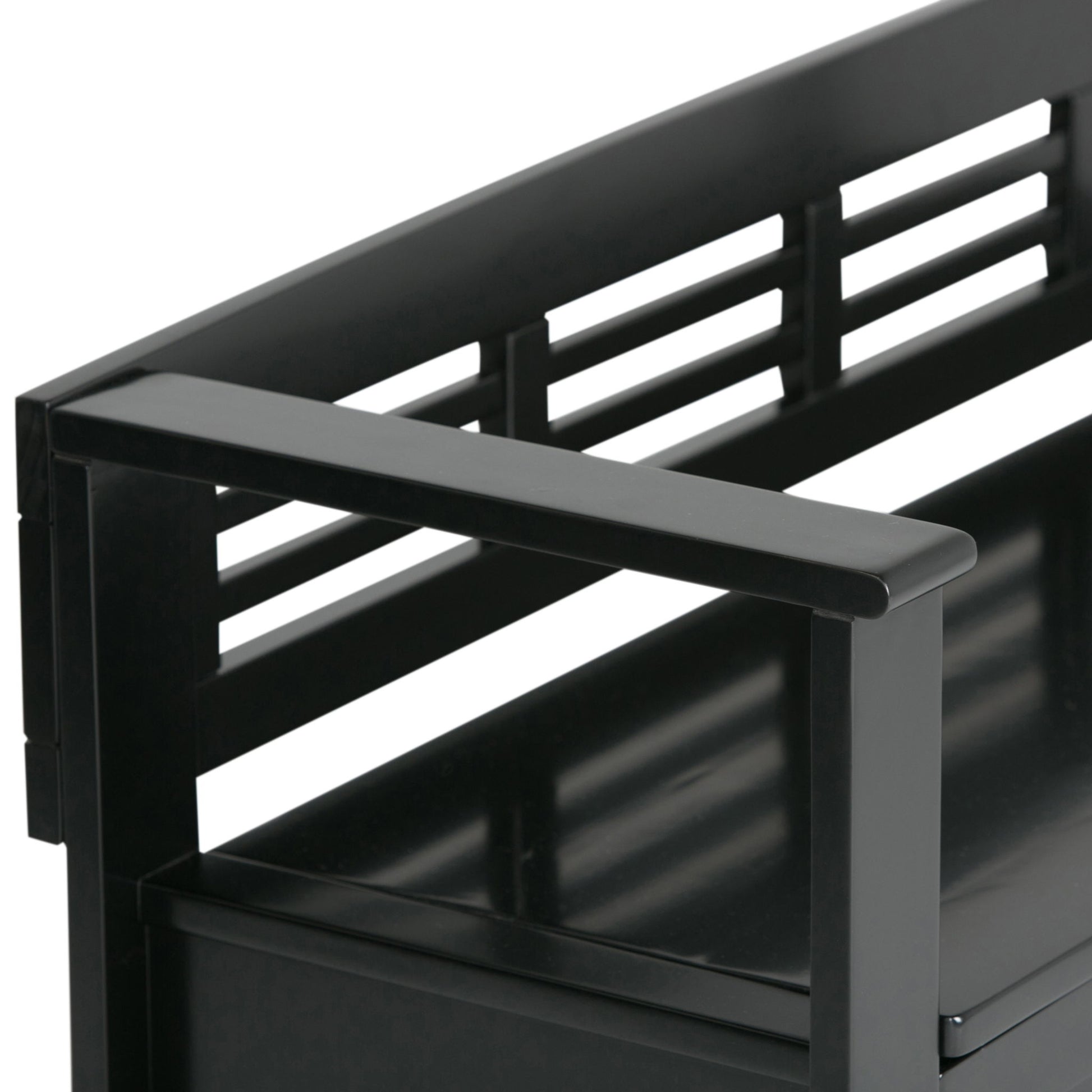 Close-up of the Adams - Entryway Storage Bench Handcrafted, highlighting the black metal armrest and horizontal slatted back design.