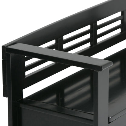 Close-up of the Adams - Entryway Storage Bench Handcrafted, highlighting the black metal armrest and horizontal slatted back design.