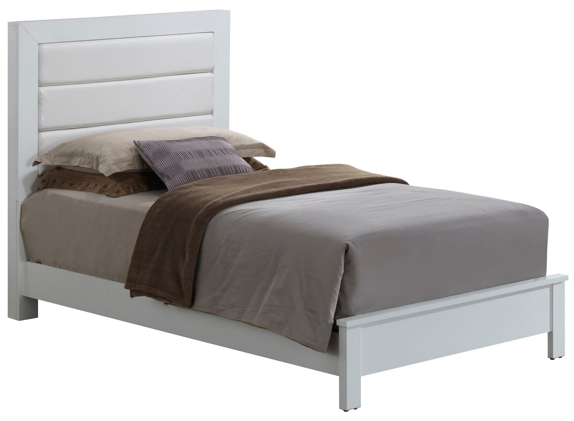 The Transitional Modern Design Bed features a white frame, padded headboard, gray and brown bedding, and multiple pillows, shown neatly made at an angle on a plain white background.