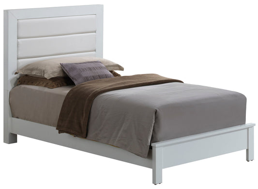 The Transitional Modern Design Bed features a white frame, padded headboard, gray and brown bedding, and multiple pillows, shown neatly made at an angle on a plain white background.