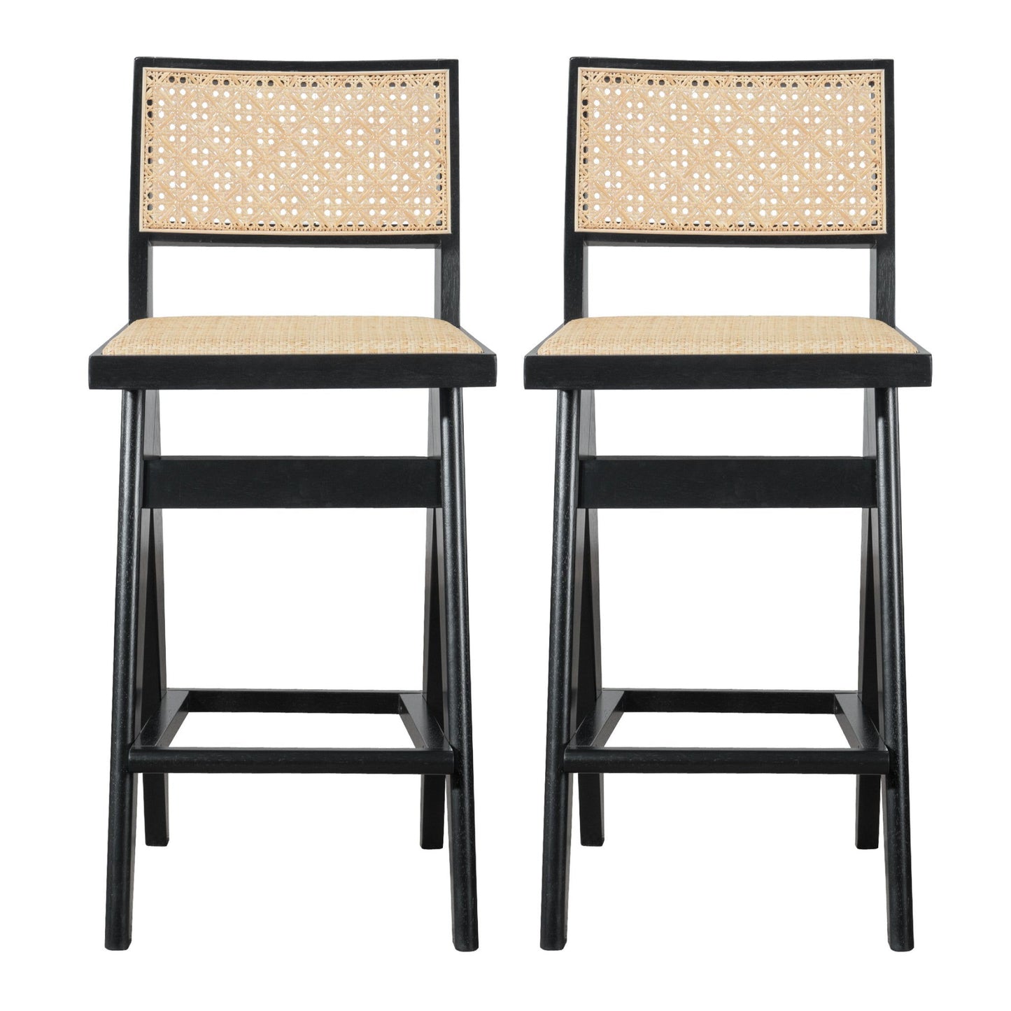 The Keira Bar Stool Set of 2 features black wooden frames, woven rattan backs and seats, straight legs with footrests, and a modern minimalist design.