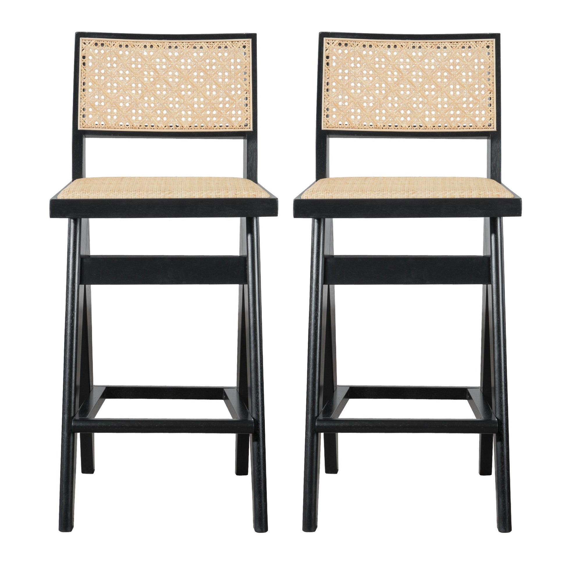 The Keira Bar Stool Set of 2 features black wooden frames, woven rattan backs and seats, straight legs with footrests, and a modern minimalist design.