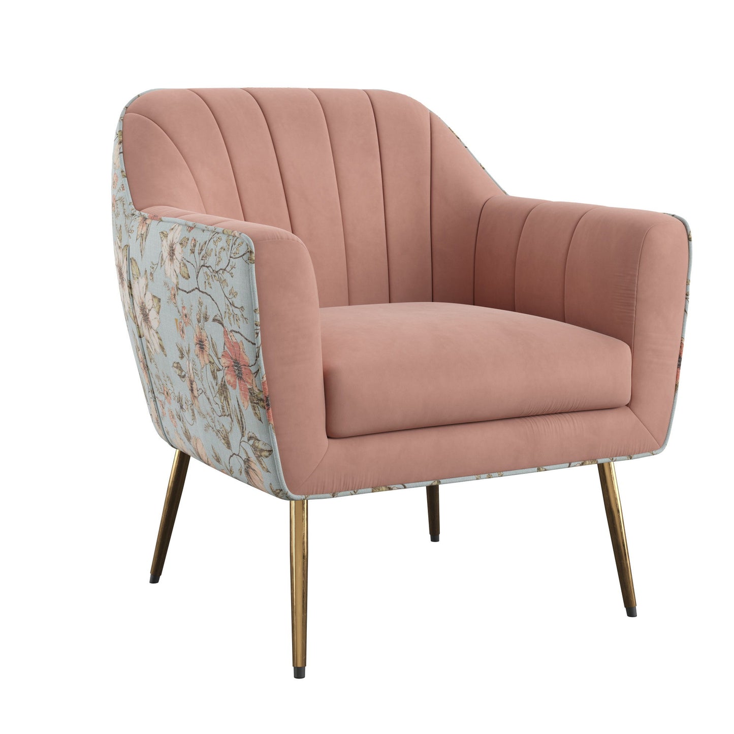 The Accent Chair - Rose Pink features a velvet-like seat and backrest, floral-patterned sides, vertical channel tufting, and slim angled gold metal legs for a modern look.