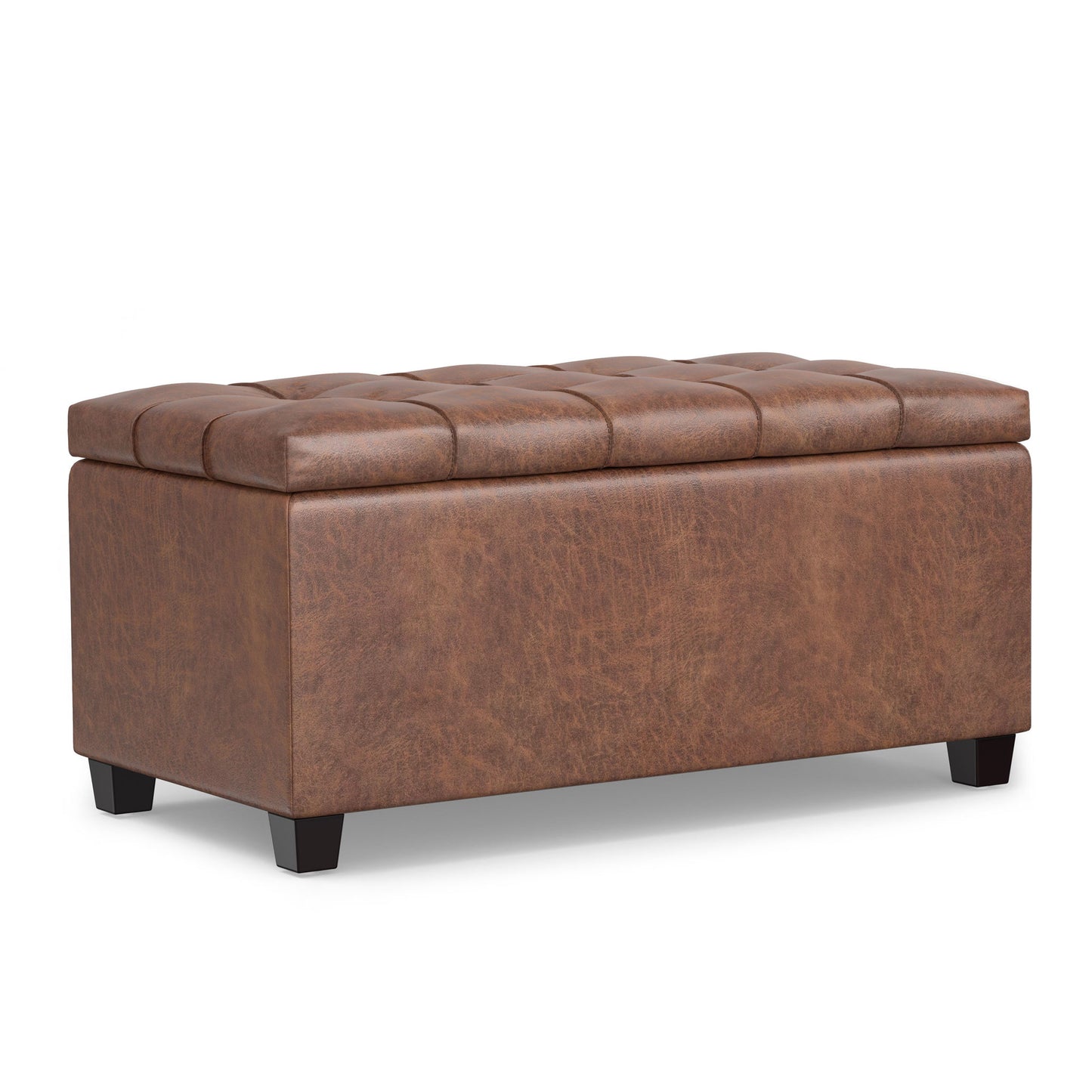 The Sienna Upholstered Storage Ottoman Bench features a brown, leather-like finish, cushioned tufted lid, rectangular shape, and short black legs for stylish storage and seating.