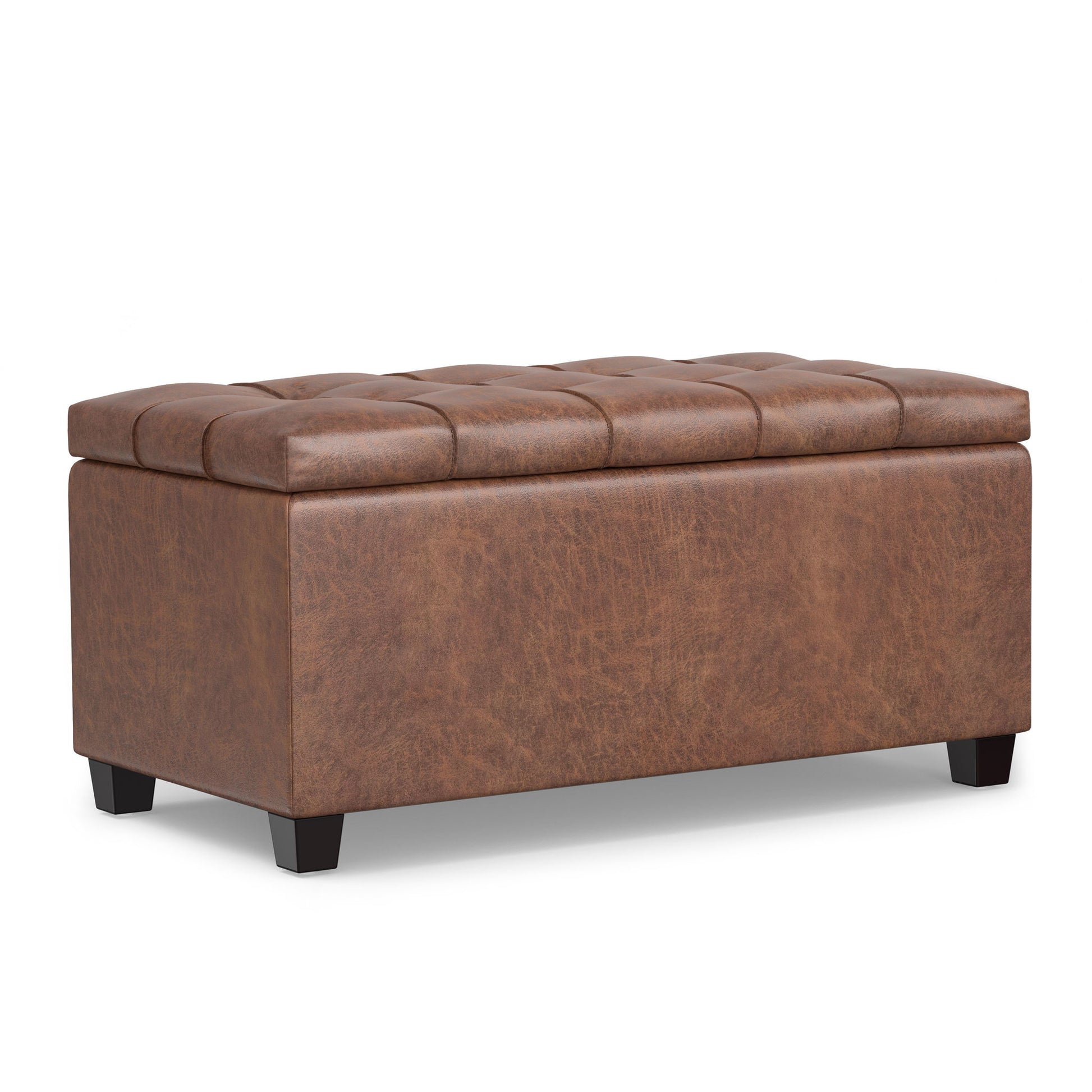 The Sienna Upholstered Storage Ottoman Bench features a brown, leather-like finish, cushioned tufted lid, rectangular shape, and short black legs for stylish storage and seating.