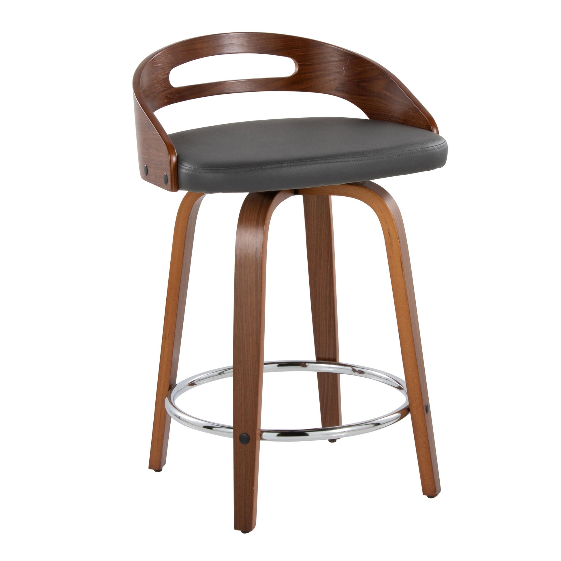The Cassis Mid Century Modern Fixed Height Counter Stool (Set of 2) features a curved wooden backrest, cushioned dark gray seat, four wooden legs, swivel function, and a round chrome footrest.
