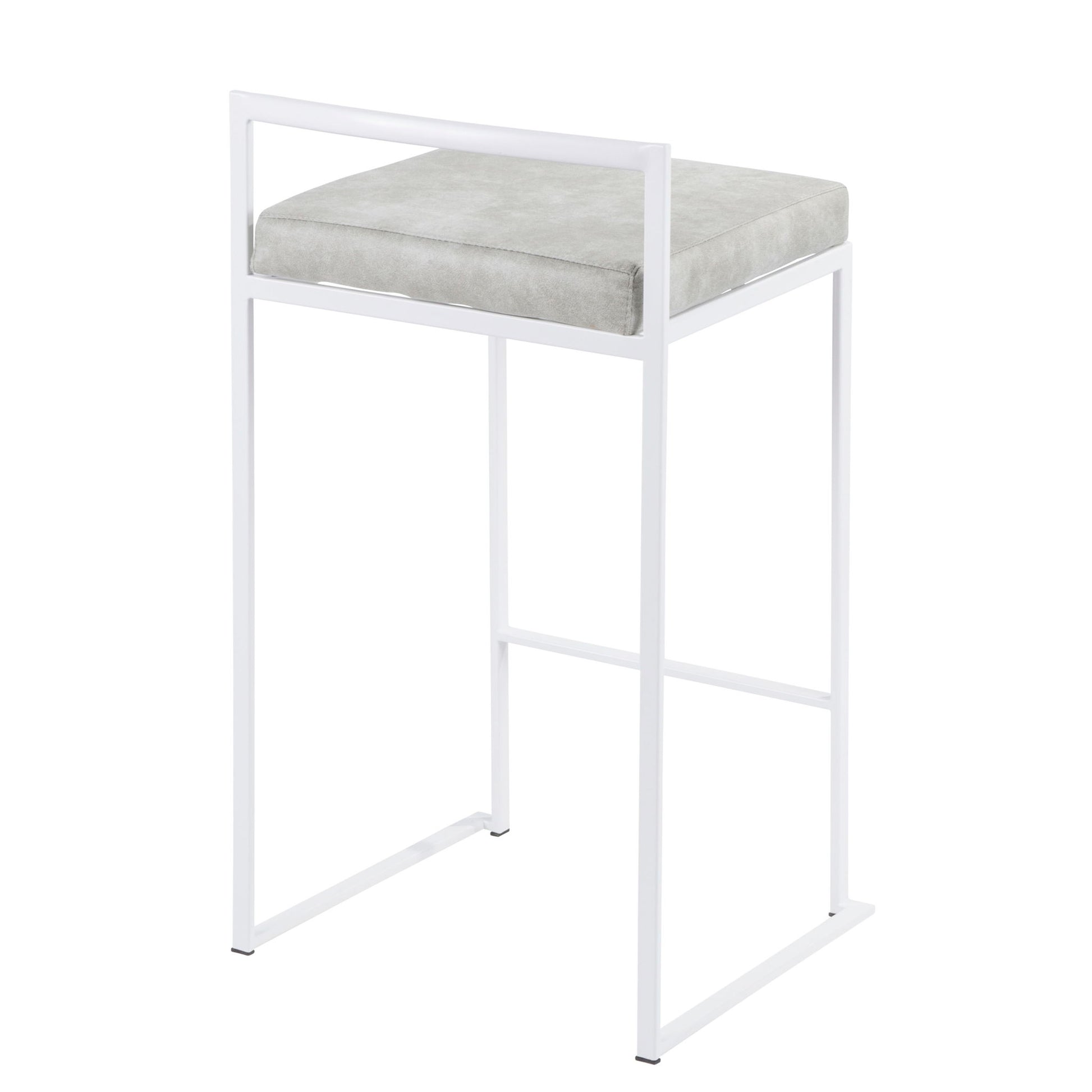 The Fuji - Simple Elegance, Contemporary Stackable Counter Stool features a white metal frame, light gray cushioned seat, minimalist design, rectangular backrest, and open sides.