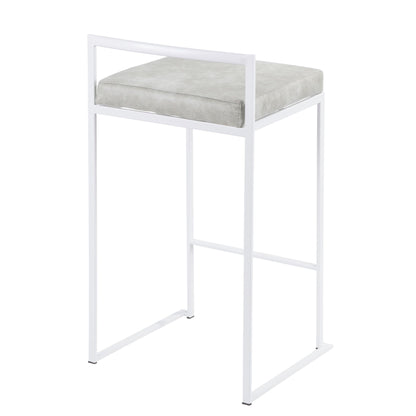 The Fuji - Simple Elegance, Contemporary Stackable Counter Stool features a white metal frame, light gray cushioned seat, minimalist design, rectangular backrest, and open sides.