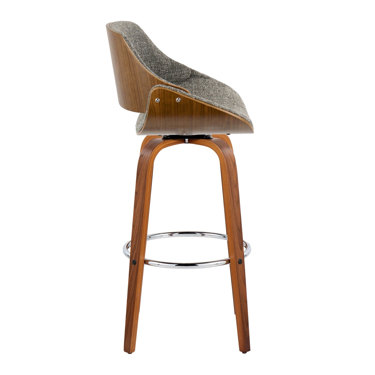 Side view of the Fabrizzi Mid Century Modern Fixed Height Barstool with swivel, curved wooden legs, round metal footrest, gray upholstered seat, and wooden backrest. Sold as a set of 2.