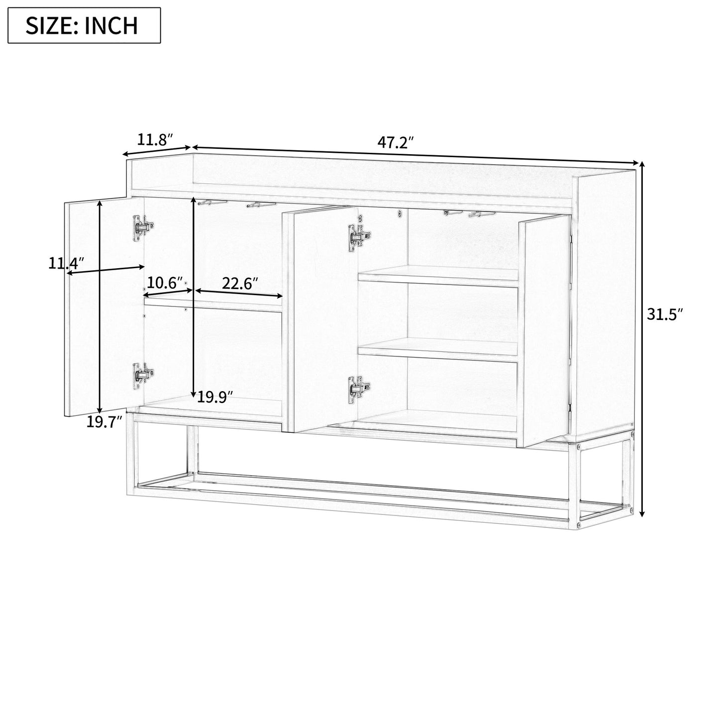 Line drawing of the Modern Sideboard Elegant Buffet Cabinet, showing three doors, interior shelves, and labeled dimensions: 47.2" wide, 31.5" high, 11.8" deep, with door and shelf measurements also marked.