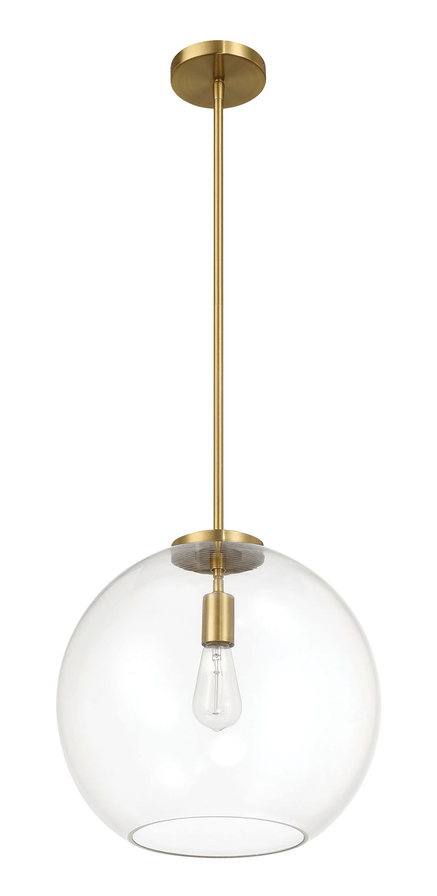 The Gleam Single Light Pendant Lamp features a clear globe shade, an exposed bulb, and an antique brass/gold satin finish for an elegant, minimalist look.