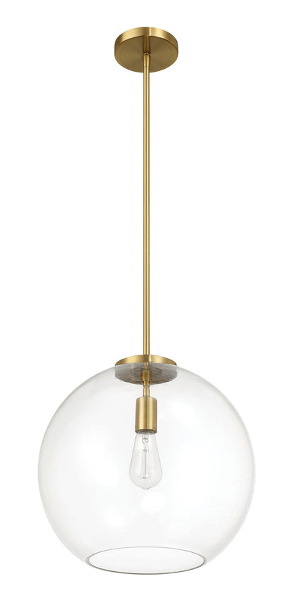 The Gleam Single Light Pendant Lamp features a clear globe shade, an exposed bulb, and an antique brass/gold satin finish for an elegant, minimalist look.