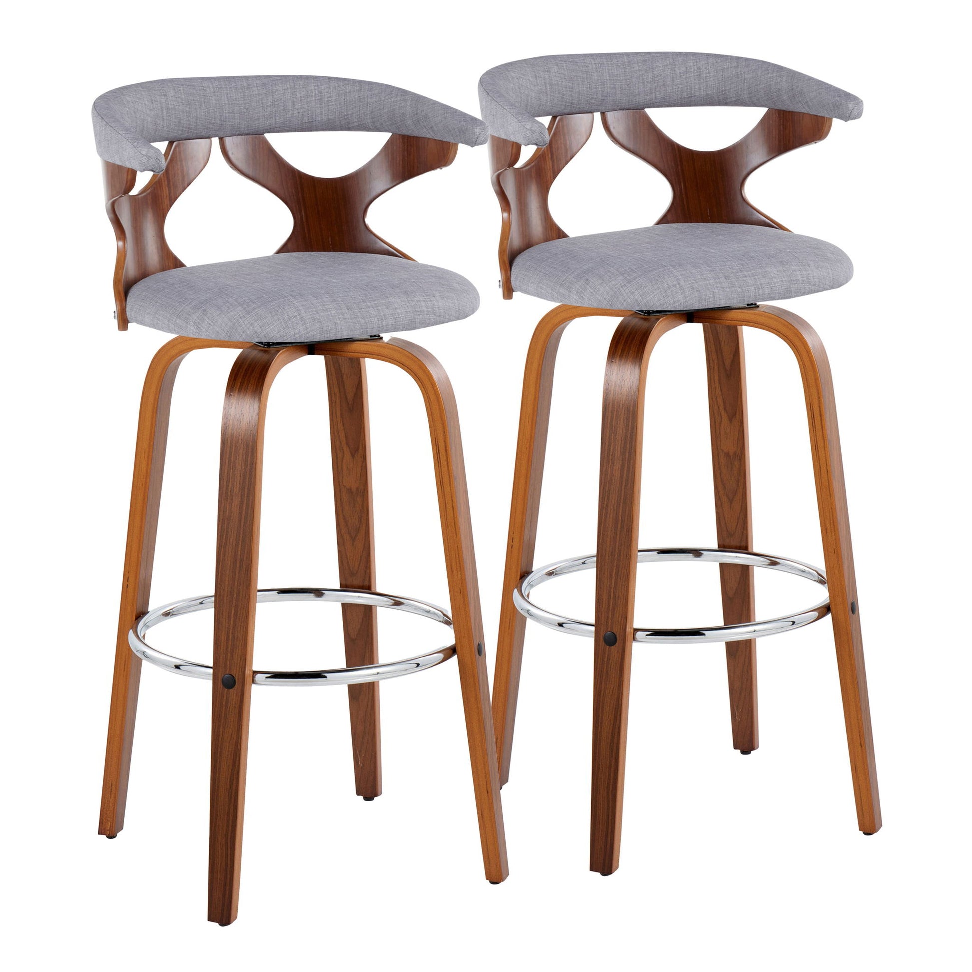 The Gardenia Mid Century Modern Barstool set includes two identical stools with curved wood legs, round chrome footrests, light gray cushioned seats, open-back wood frames, and a fixed height swivel design.