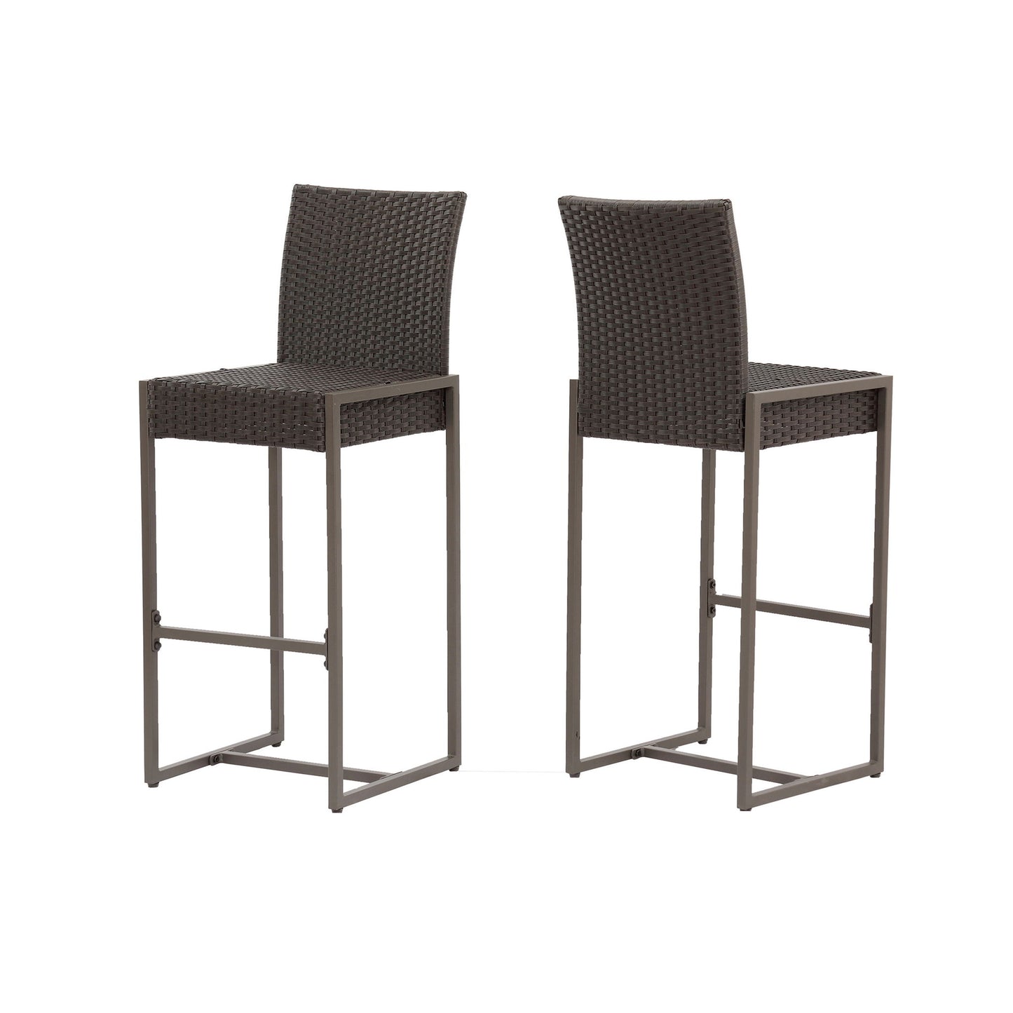 Set of 2 Outdoor Barstools with hand-crafted woven rattan seats and backs, straight metal legs, and footrests. The stools are placed side by side, angled slightly away from each other.