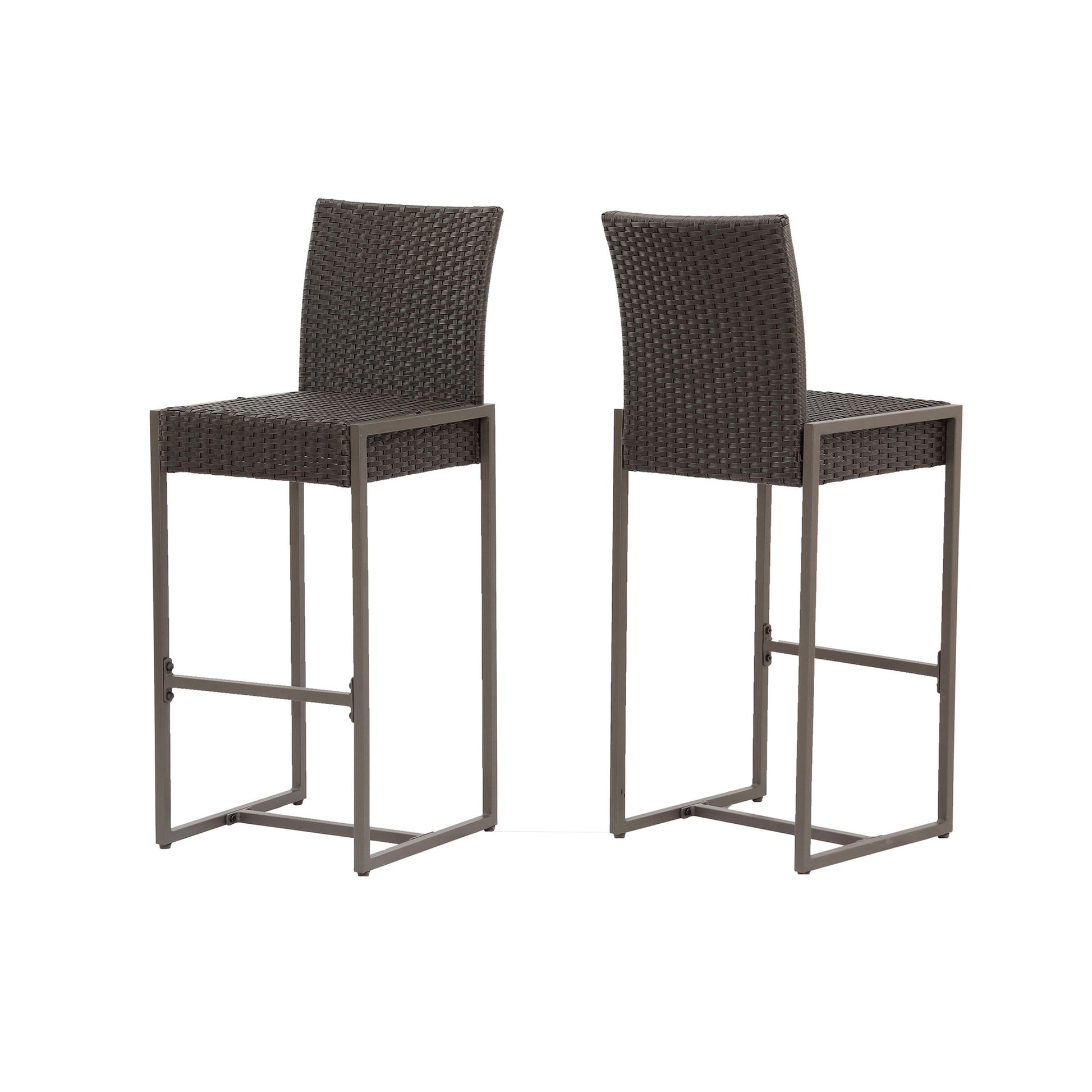 Set of 2 Outdoor Barstools with hand-crafted woven rattan seats and backs, straight metal legs, and footrests. The stools are placed side by side, angled slightly away from each other.