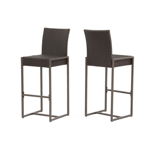 Set of 2 Outdoor Barstools with hand-crafted woven rattan seats and backs, straight metal legs, and footrests. The stools are placed side by side, angled slightly away from each other.