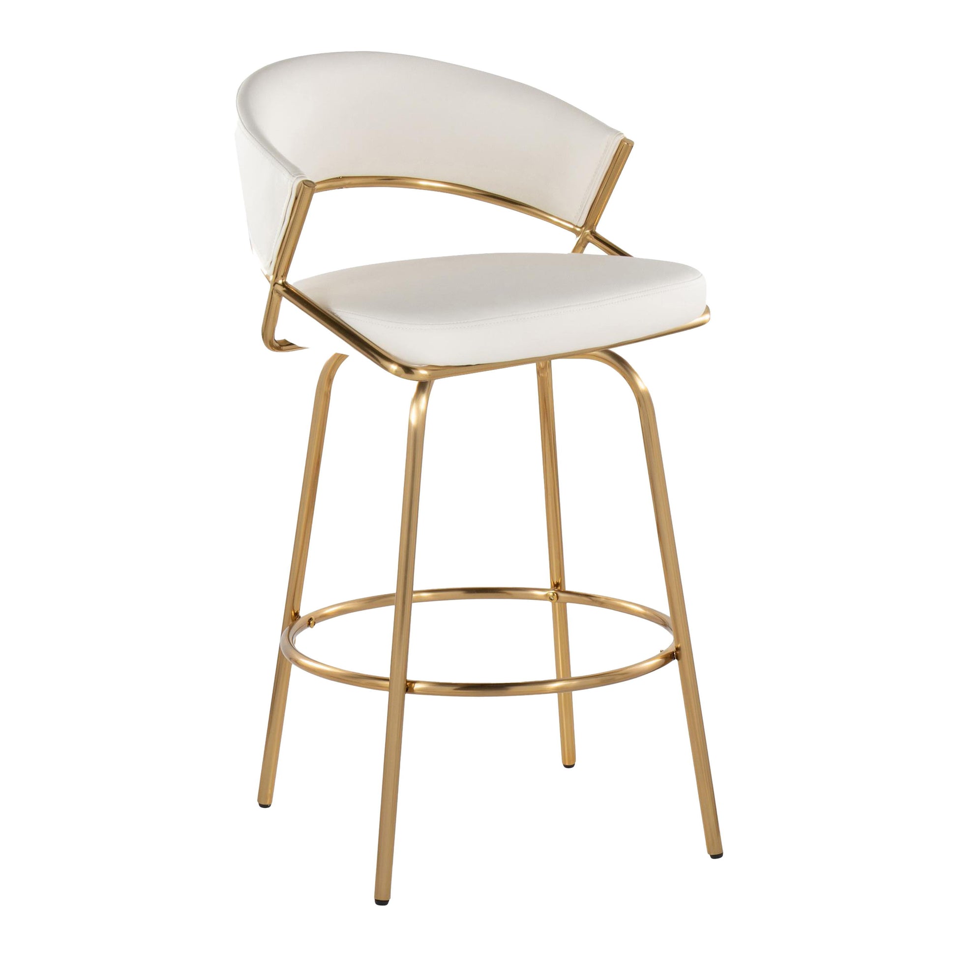 The Jie - Glam Fixed Height Counter Stool (Set of 2) features a gold metal frame, a white cushioned seat, a curved white backrest, four slender legs, and a circular footrest connecting the legs.