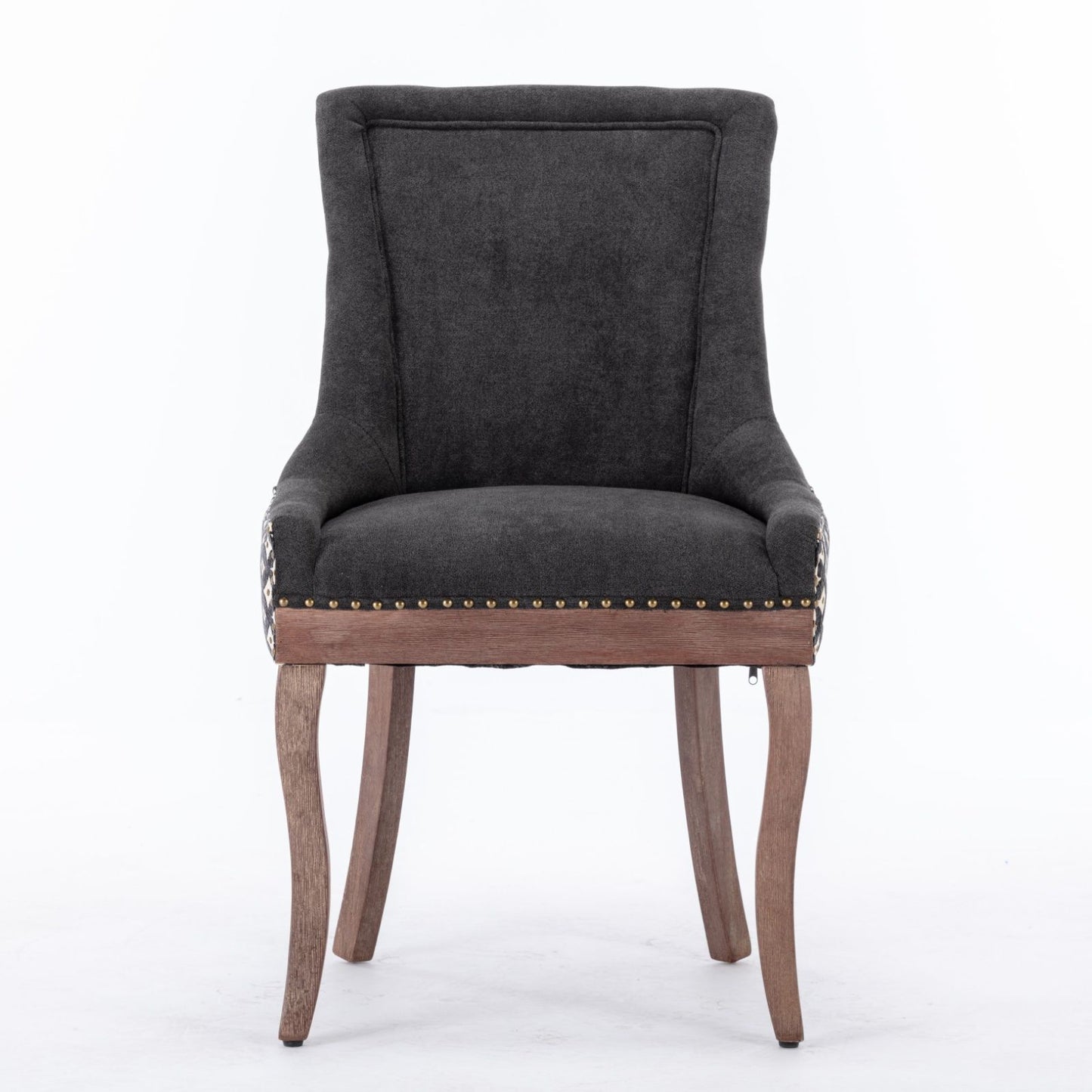 The Ultra Side Dining Chair set features thickened dark gray fabric, a high back, neutrally toned solid wood legs, and bronze nail head trim along the seat edge, displayed against a plain white background.