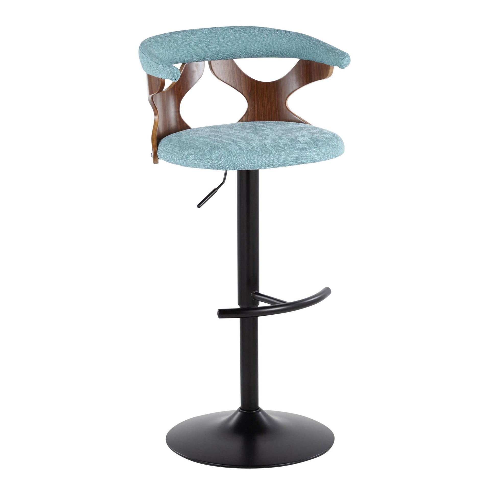 The Gardenia Contemporary Adjustable Barstool (Set of 2) features a light blue cushioned seat and backrest, curved wooden accents, a black metal pedestal base, swivel function, and a rounded T footrest.
