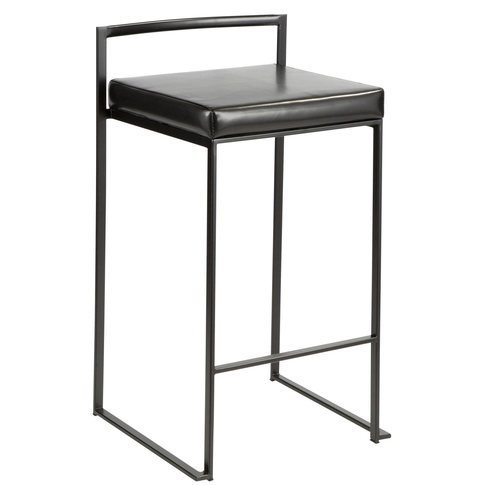 The Fuji Contemporary Stackable Counter Stool features a sleek black metal frame, square black cushioned seat, slim backrest, minimalist design, straight lines, and no armrests for a modern look.
