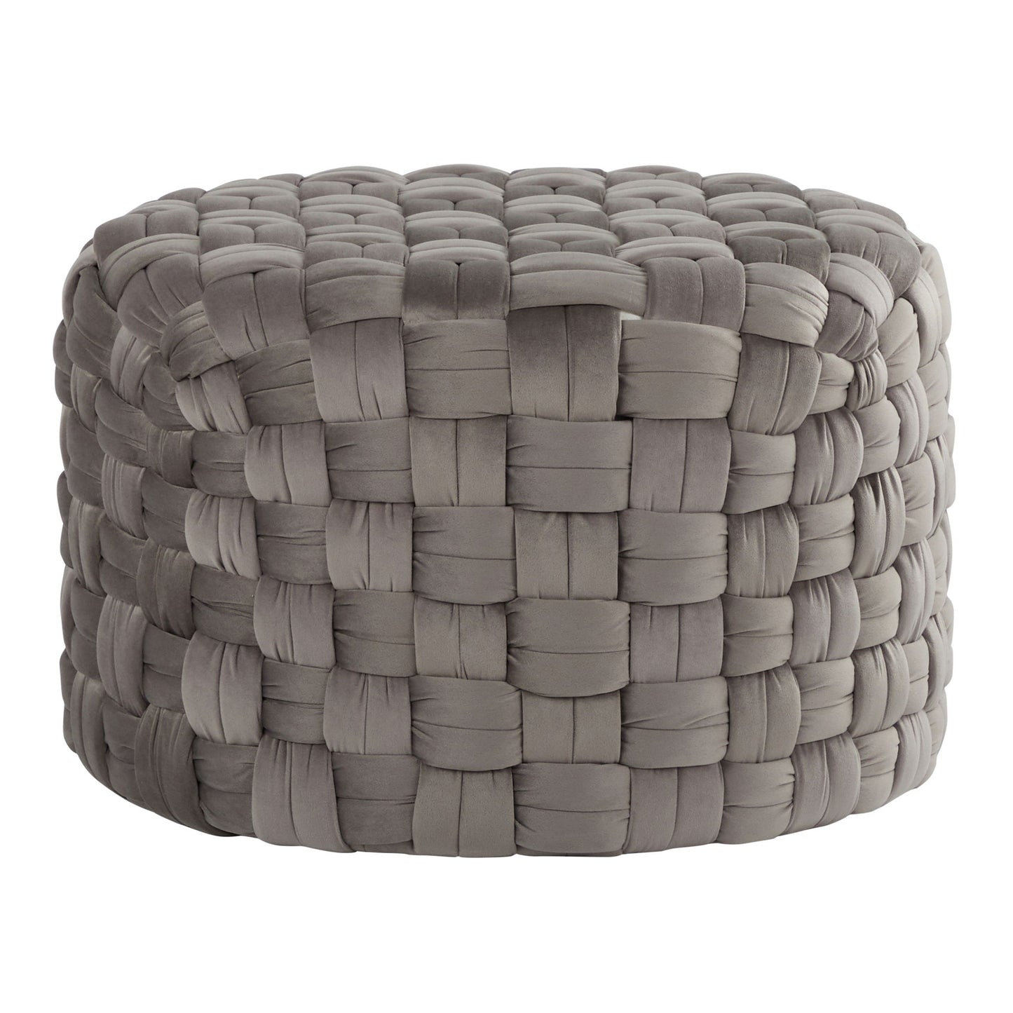 The Braided - Versatile Round Ottoman features a chunky woven design in soft gray fabric, offering a basket-like texture and plush, cushioned look.