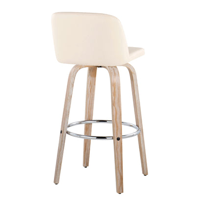 The Toriano Contemporary Fixed Height Barstool (set of 2) features a cream cushioned seat and backrest, wooden legs, swivel function, and a round metal footrest; shown from the back angle.