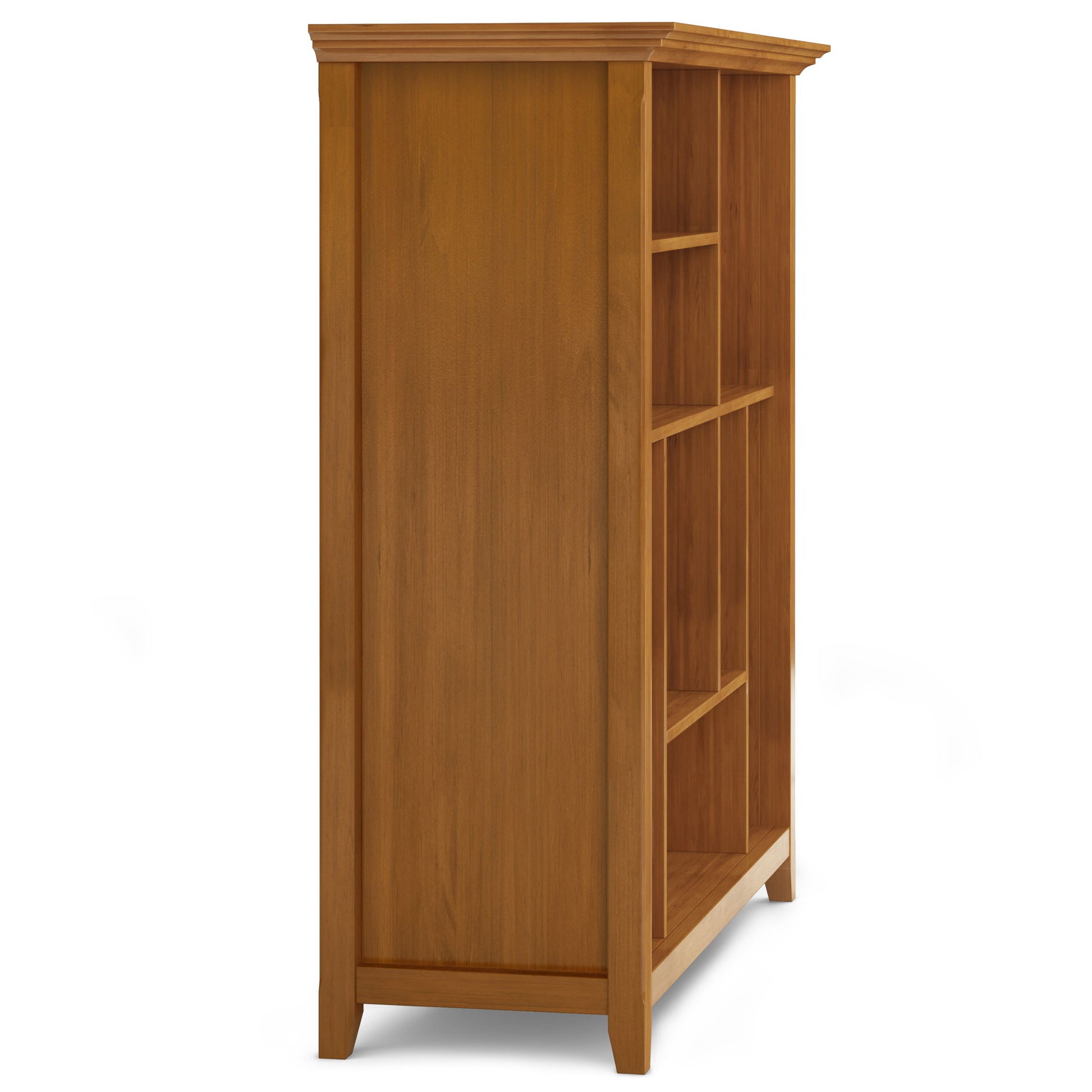 The Amherst Multi Cube Bookcase and Storage Unit is shown from the side, highlighting its brown finish, rectangular form, and multiple open shelves. Partial front and top details are visible against a plain white background.