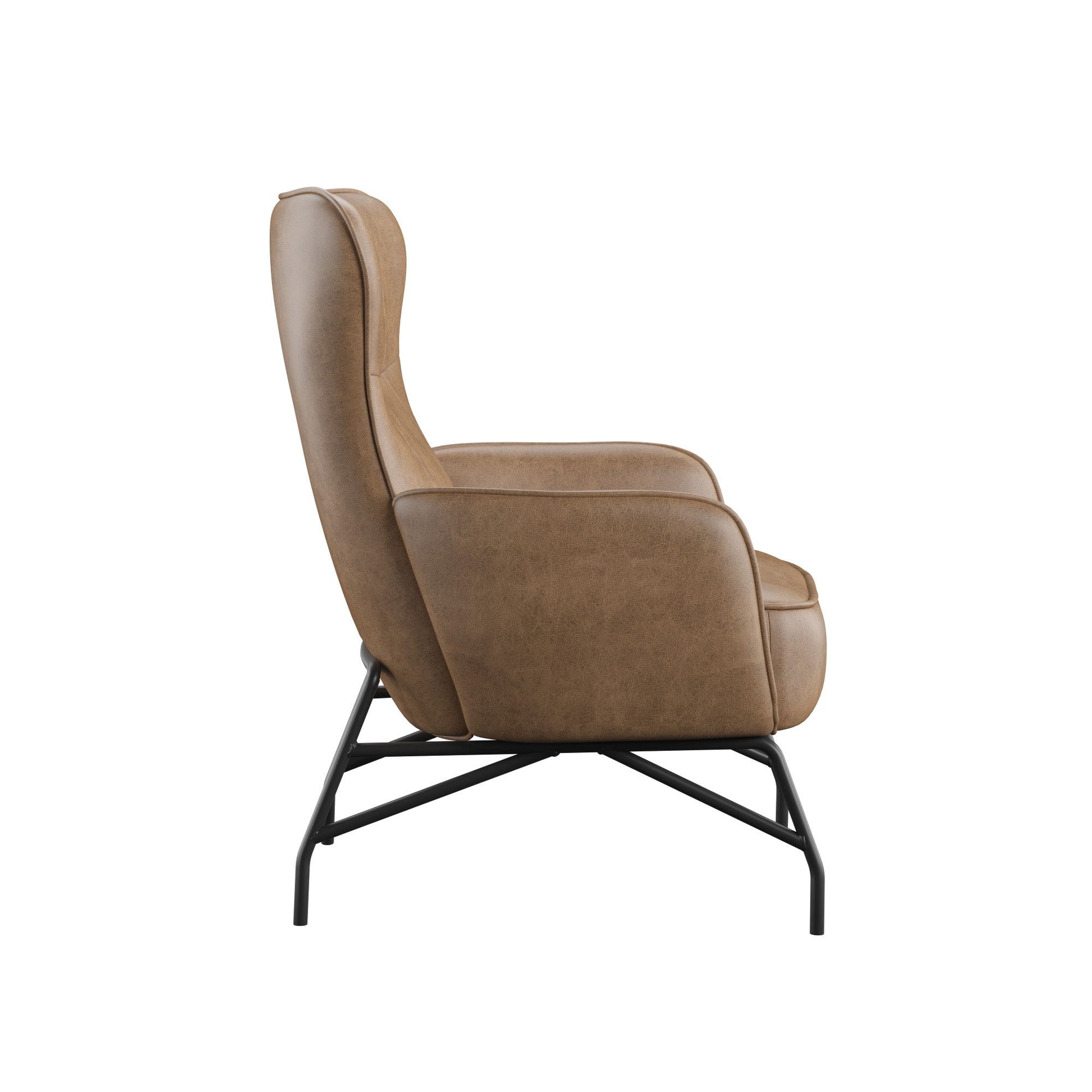 Side view of the Graham - Accent Chair, featuring tan leather upholstery and a black metal frame, set against a plain white background.