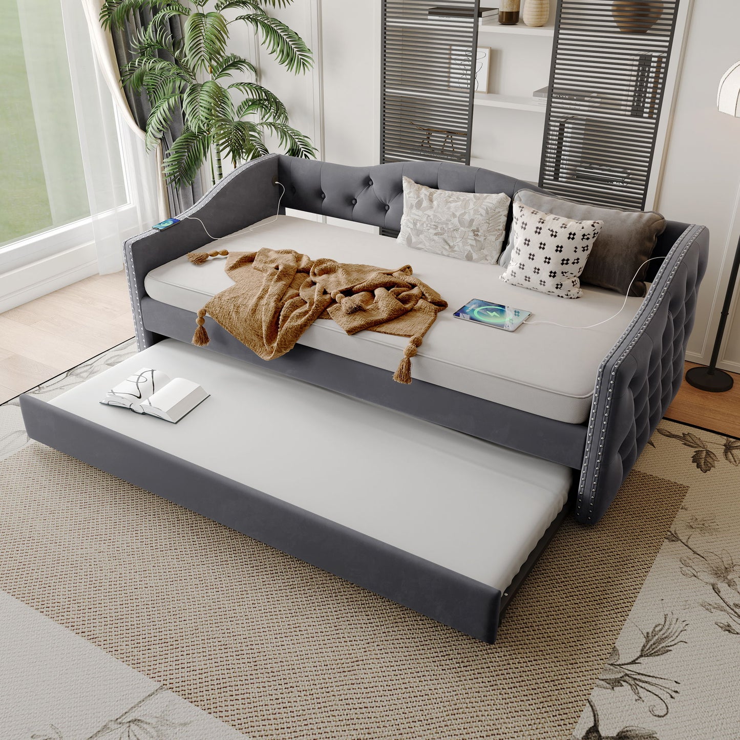 Twin Size Upholstered Daybed With Trundle And USB Charging Design For Bedroom - Gray