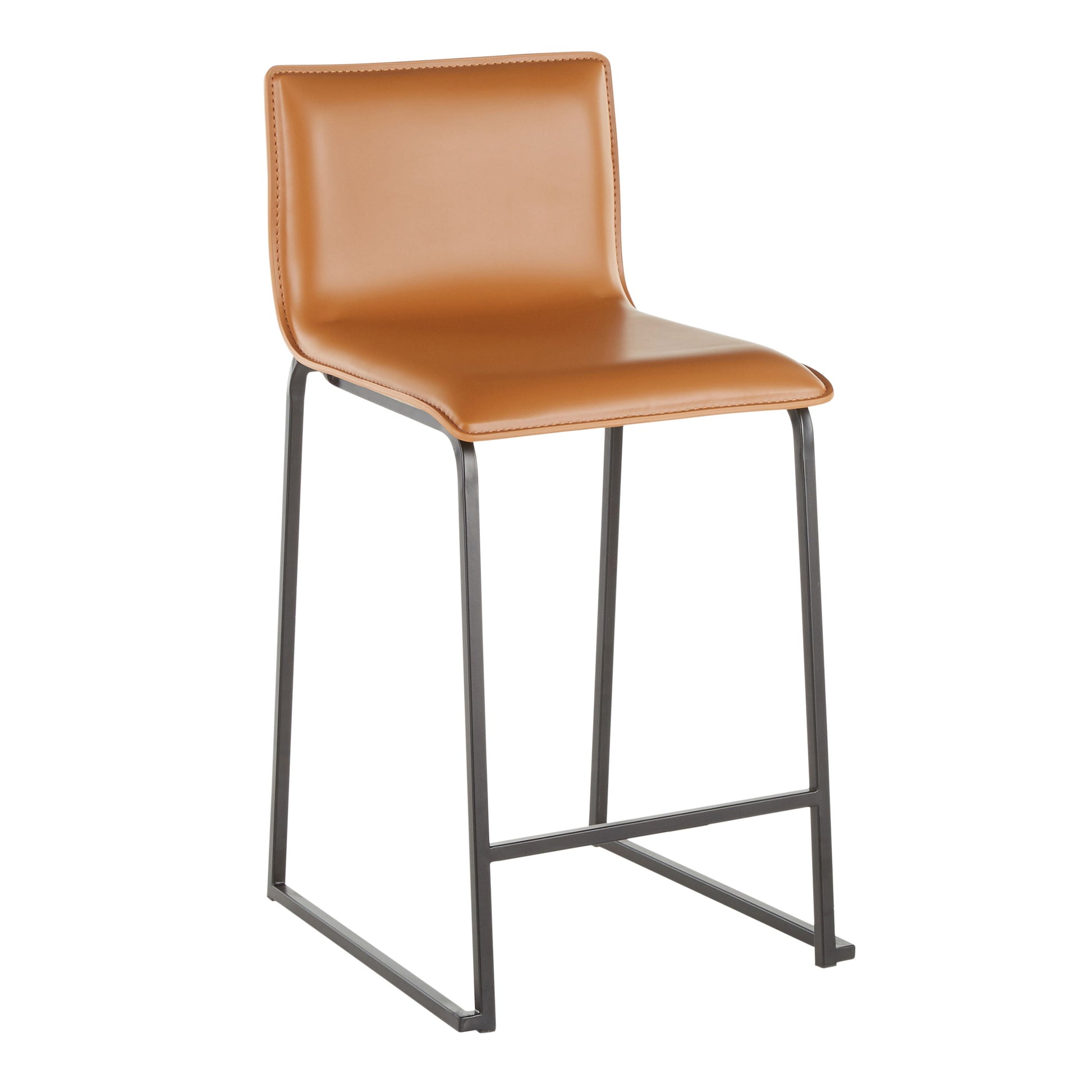 The Mara Upholstered Contemporary Counter Stool, available as a set of two, features a sleek minimalist design with tan leather seat and backrest, complemented by black metal legs forming a rectangular base for stability.