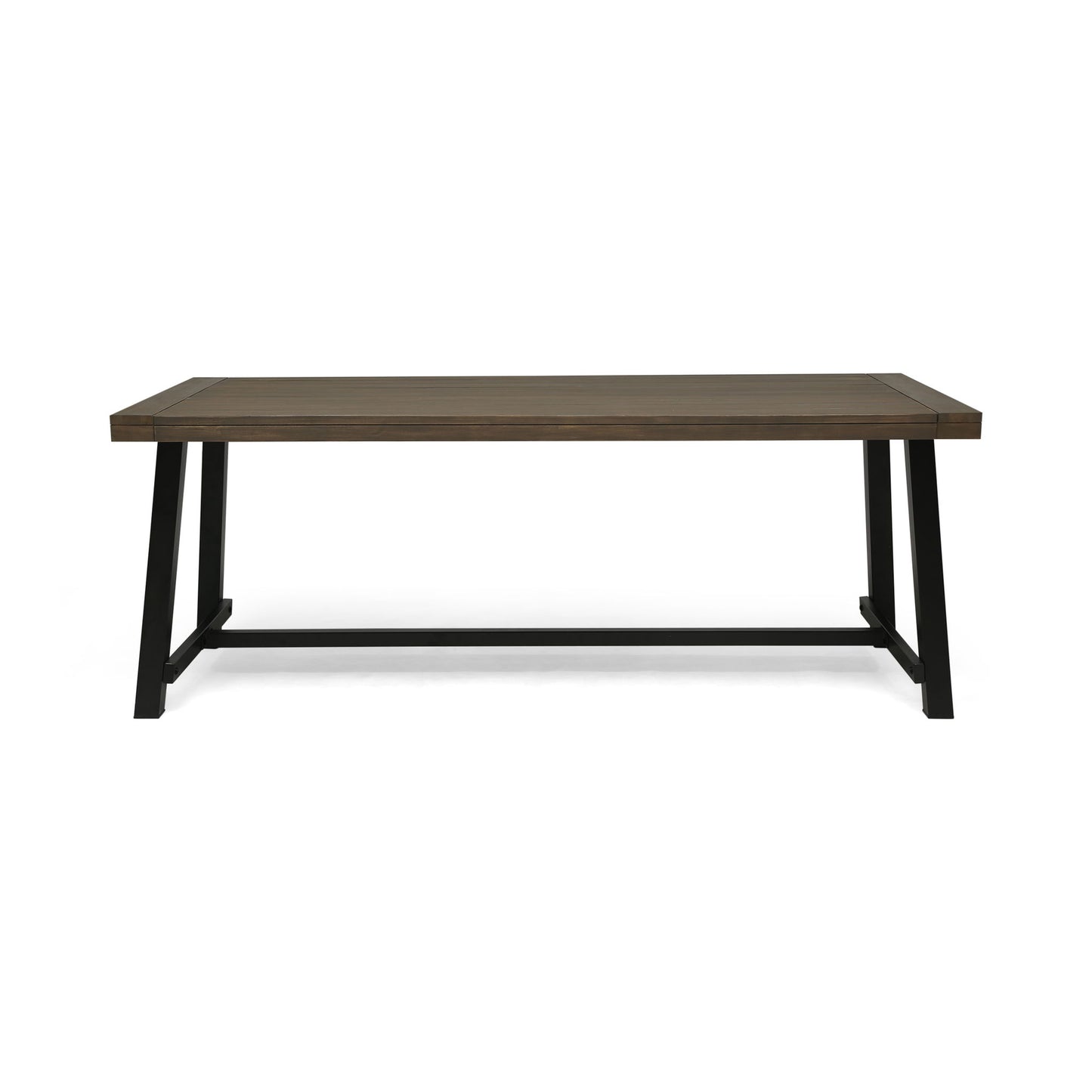 A modern, minimalist outdoor dining table featuring a gray top and rustic metal legs, shown against a white background.