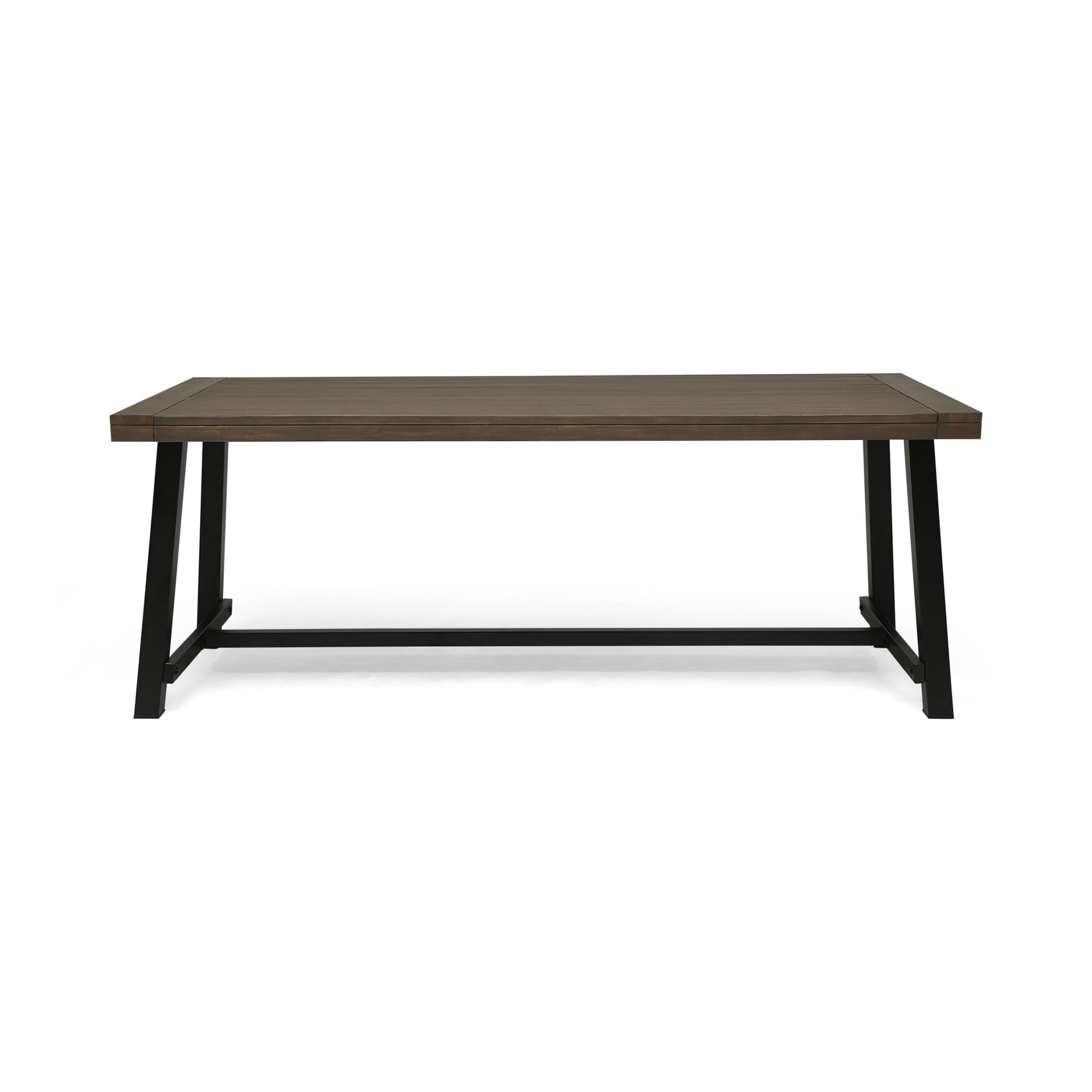 A modern, minimalist outdoor dining table featuring a gray top and rustic metal legs, shown against a white background.