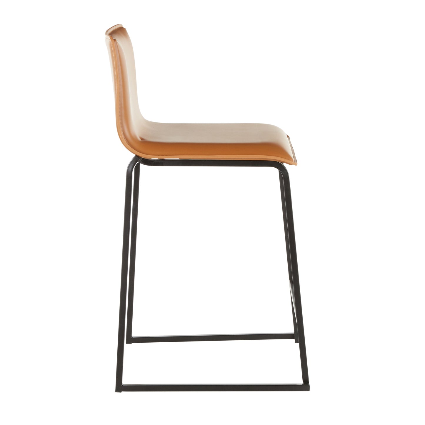 Side view of the Mara Upholstered Contemporary Counter Stool, showcasing a minimalist design with a sleek brown leather seat and a black metal frame featuring four legs forming a rectangular base. (Set of 2).