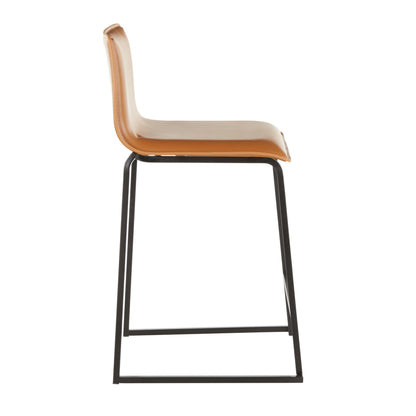 Side view of the Mara Upholstered Contemporary Counter Stool, showcasing a minimalist design with a sleek brown leather seat and a black metal frame featuring four legs forming a rectangular base. (Set of 2).
