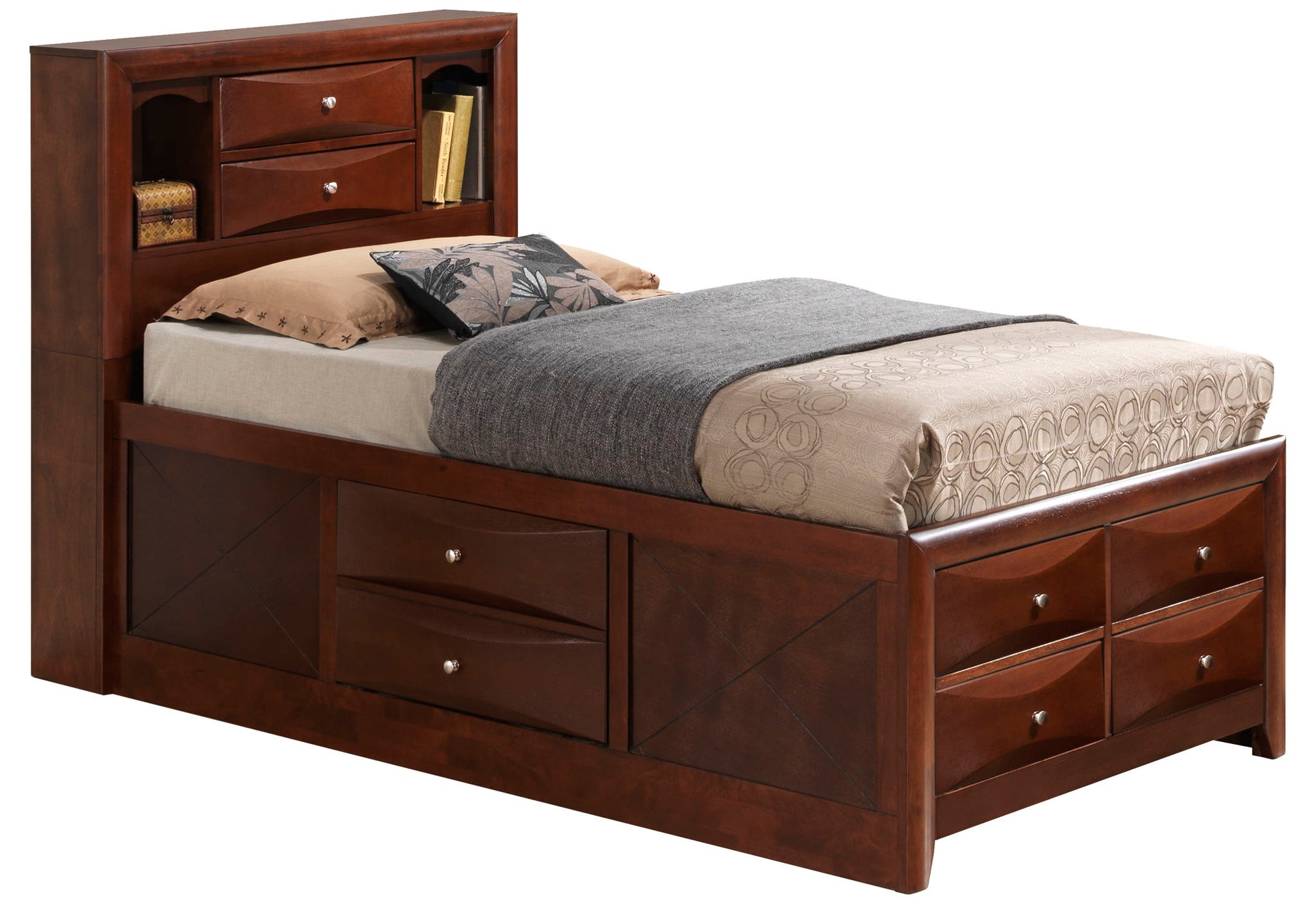 The Marilla Storage Bed With Bookcase Headboard features a wooden twin frame, built-in headboard shelf, two pillows, a blanket, and multiple storage drawers under the bed and in the headboard.