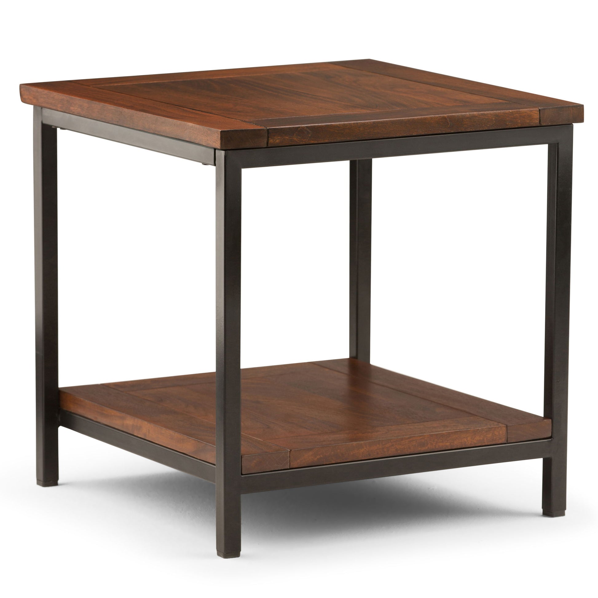 The Skyler - Handcrafted Table is a square wooden side table with a dark metal frame, a smooth flat top, and a lower shelf for extra storage.