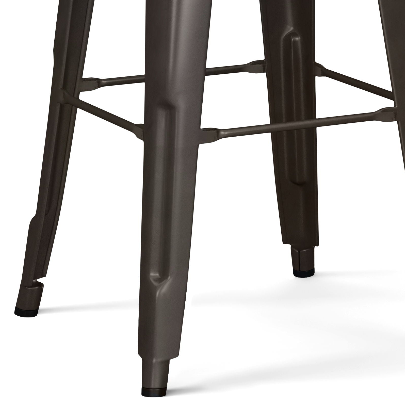 Close-up of the Rayne - Multifunctional Metal Stool's dark metal legs, featuring horizontal support bars and black caps on the feet.