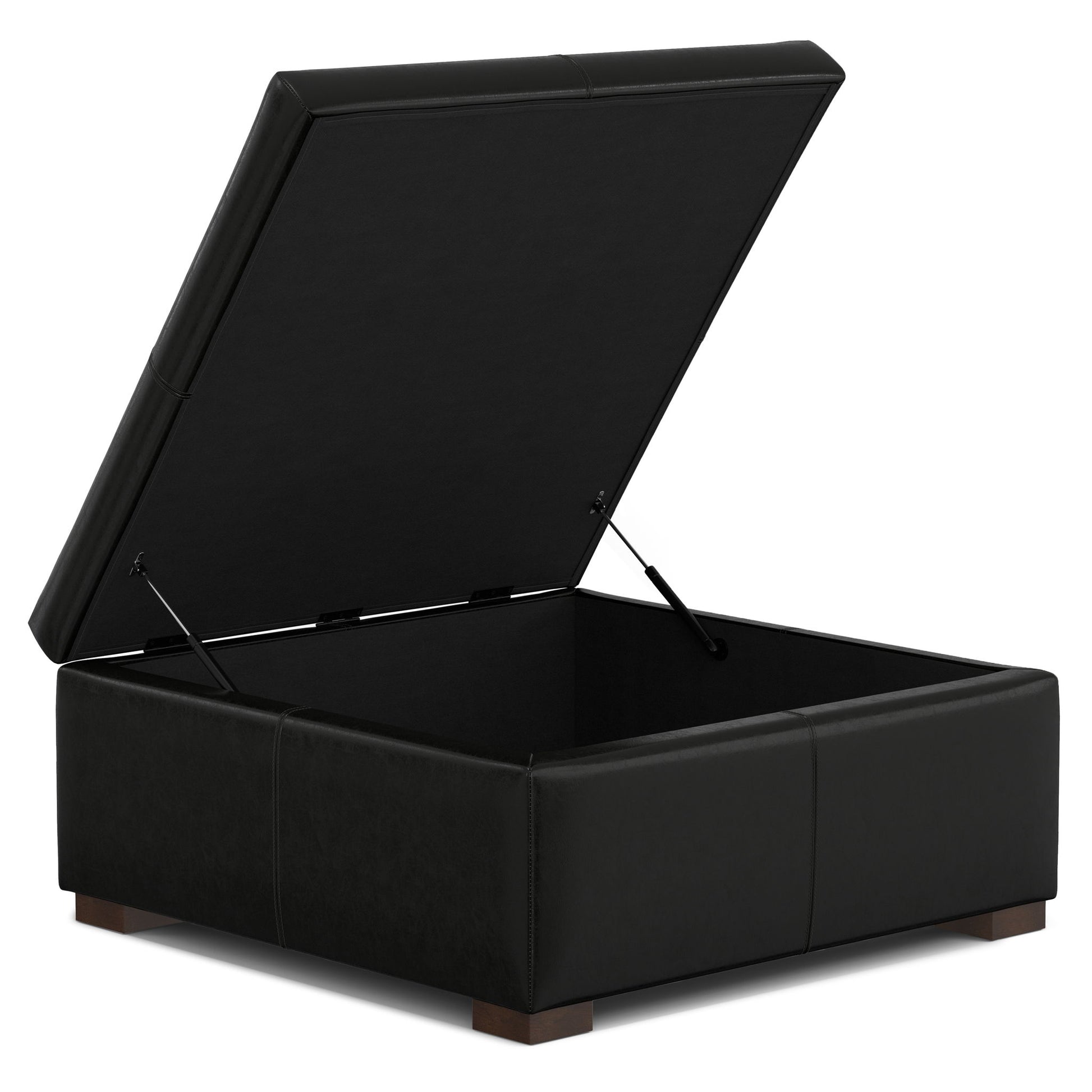 The Gabbie Coffee Table Upholstered Storage Ottoman is black and square, featuring a hinged lid for interior storage, short wooden legs, and a sleek, modern design.