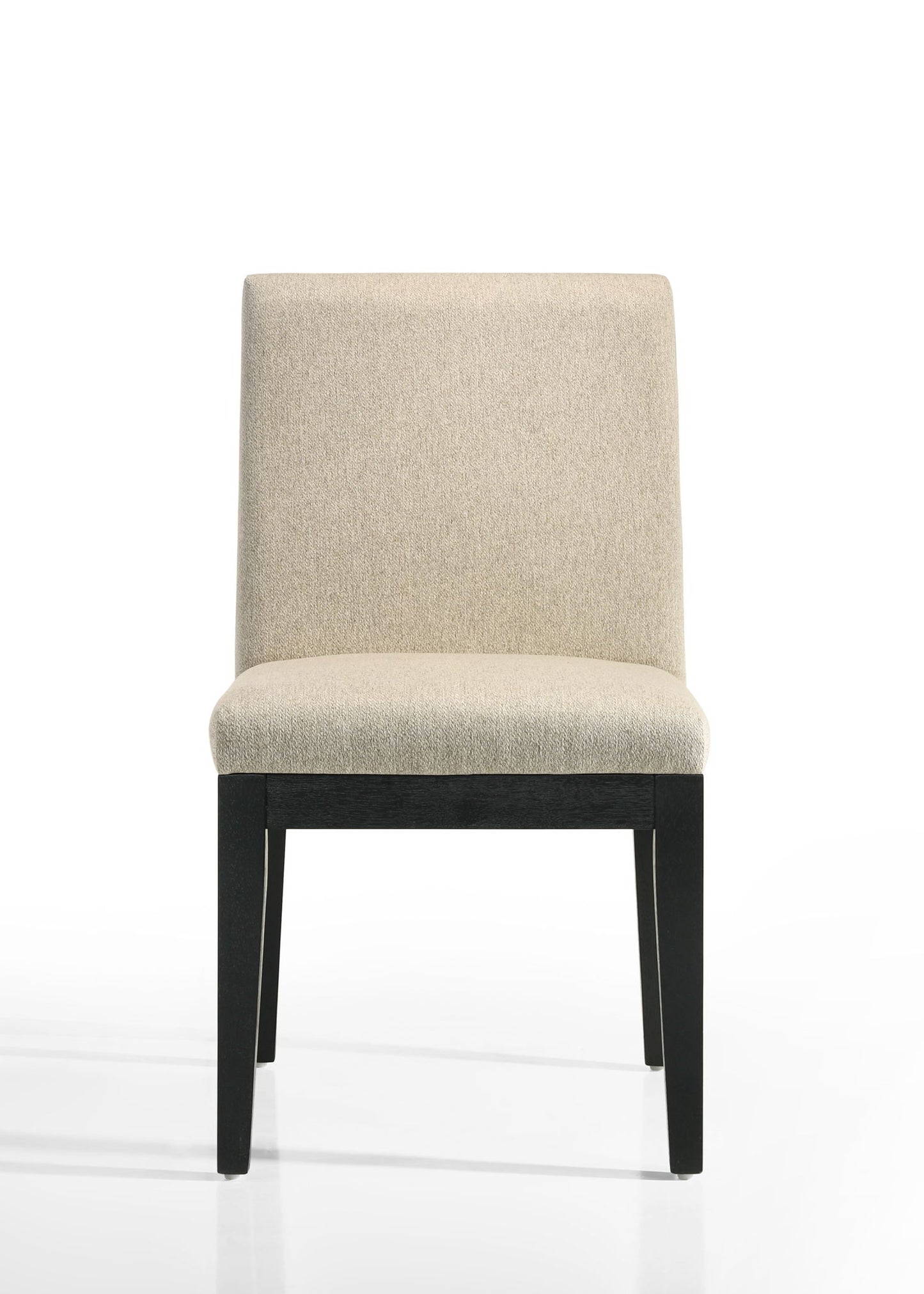 The Jasper - Contemporary Fabric 19" Dining Chair (Set of 2) features beige upholstery, an armless straight-back design, and black wooden legs, displayed against a plain white background.