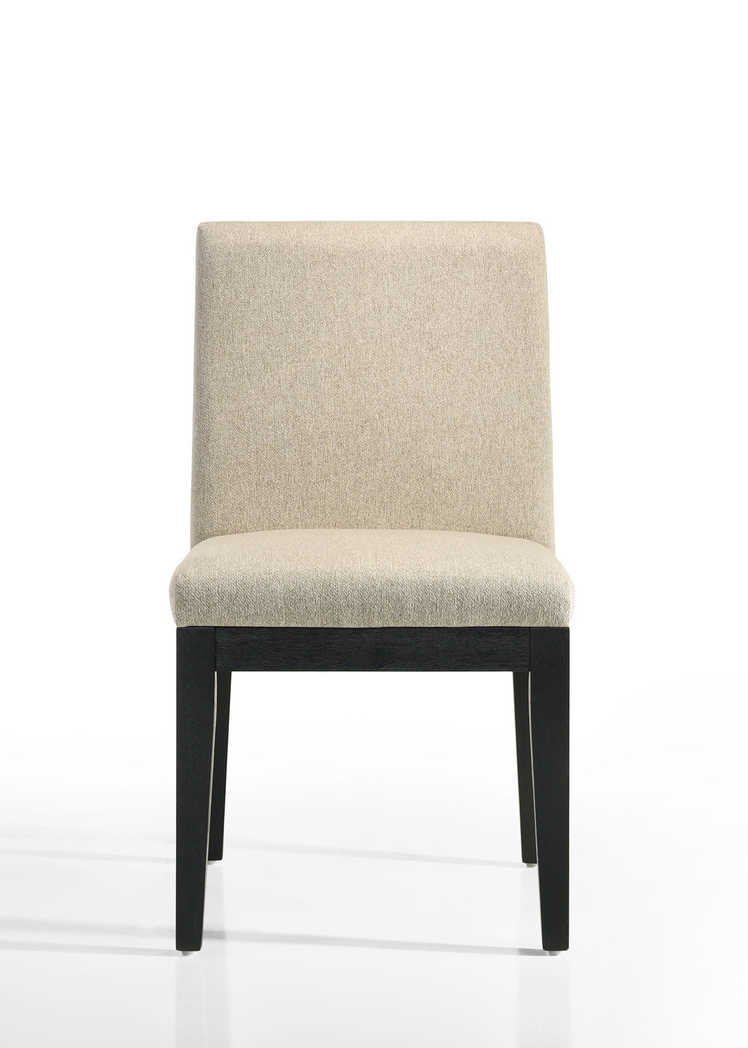 The Jasper - Contemporary Fabric 19" Dining Chair (Set of 2) features beige upholstery, an armless straight-back design, and black wooden legs, displayed against a plain white background.